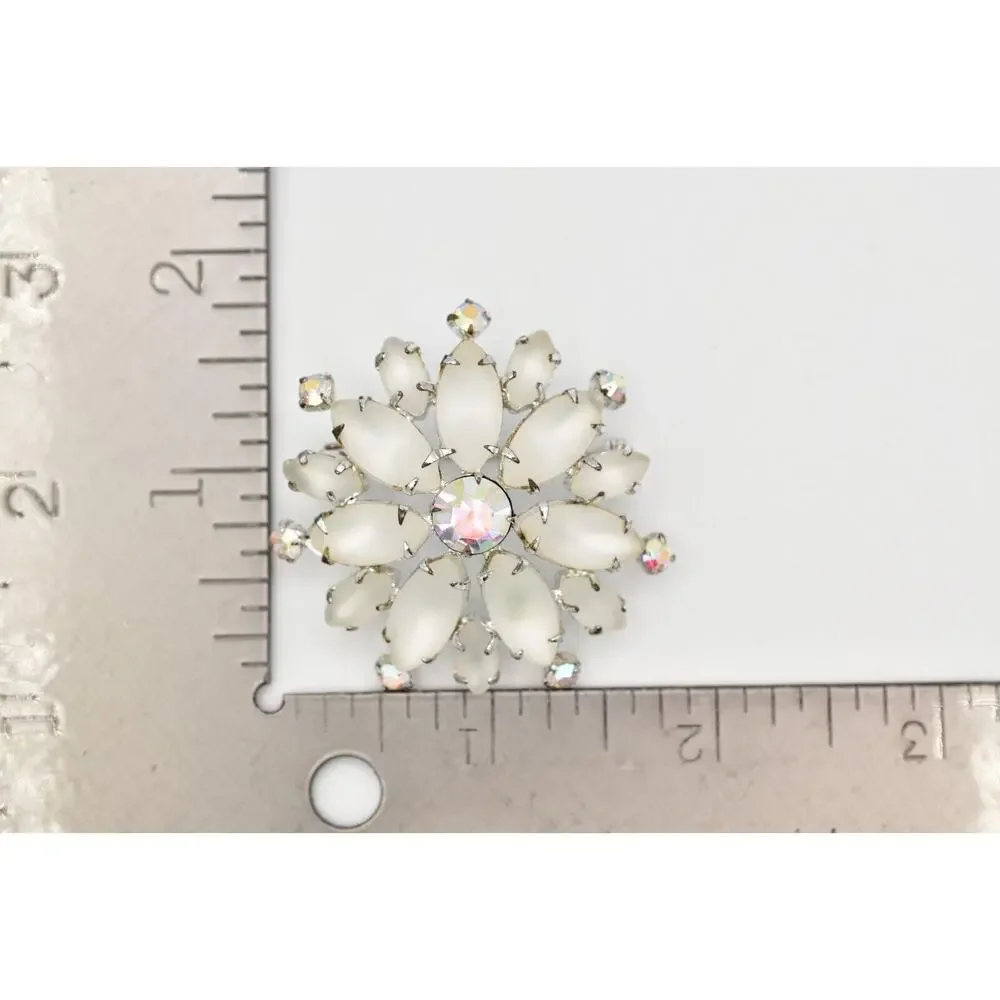 Vintage Crystal Flower Pin Brooch Frosted AB Rhinestone Prong Silver 1990s BinBG